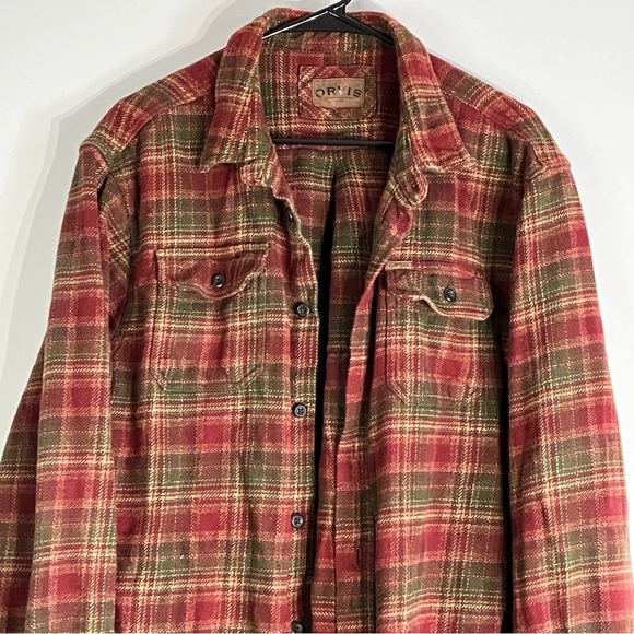 Orvis Size XL Heavy Flannel Shirt Jacket with Side Pockets Plaid Green Red Used - Picture 4 of 10
